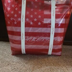 Ed Hardy Red and White Striped Tote